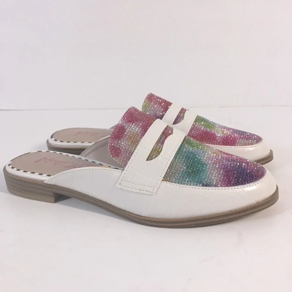 NEW Betsy Johnson Rainbow Rhinestone white loafer mule